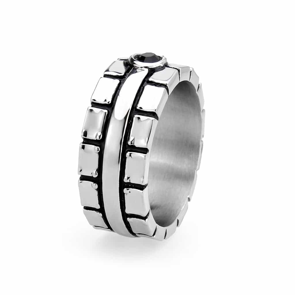 Stainless Steel Silver Black CZ Round Tire Tread Pattern Ring view 8