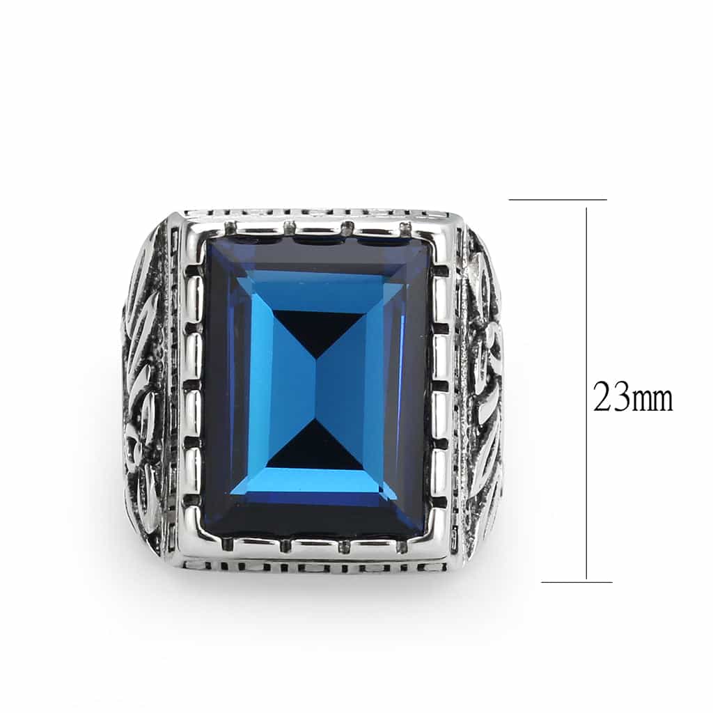 Stainless Steel Silver London Blue CZ Emerald Cut Greek Key Ring view 6