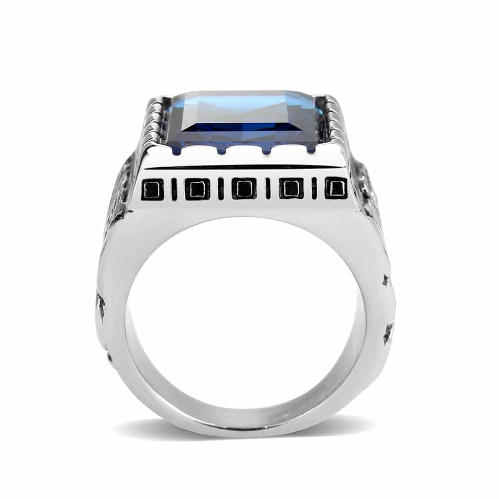 Stainless Steel Silver London Blue CZ Emerald Cut Greek Key Ring view 7