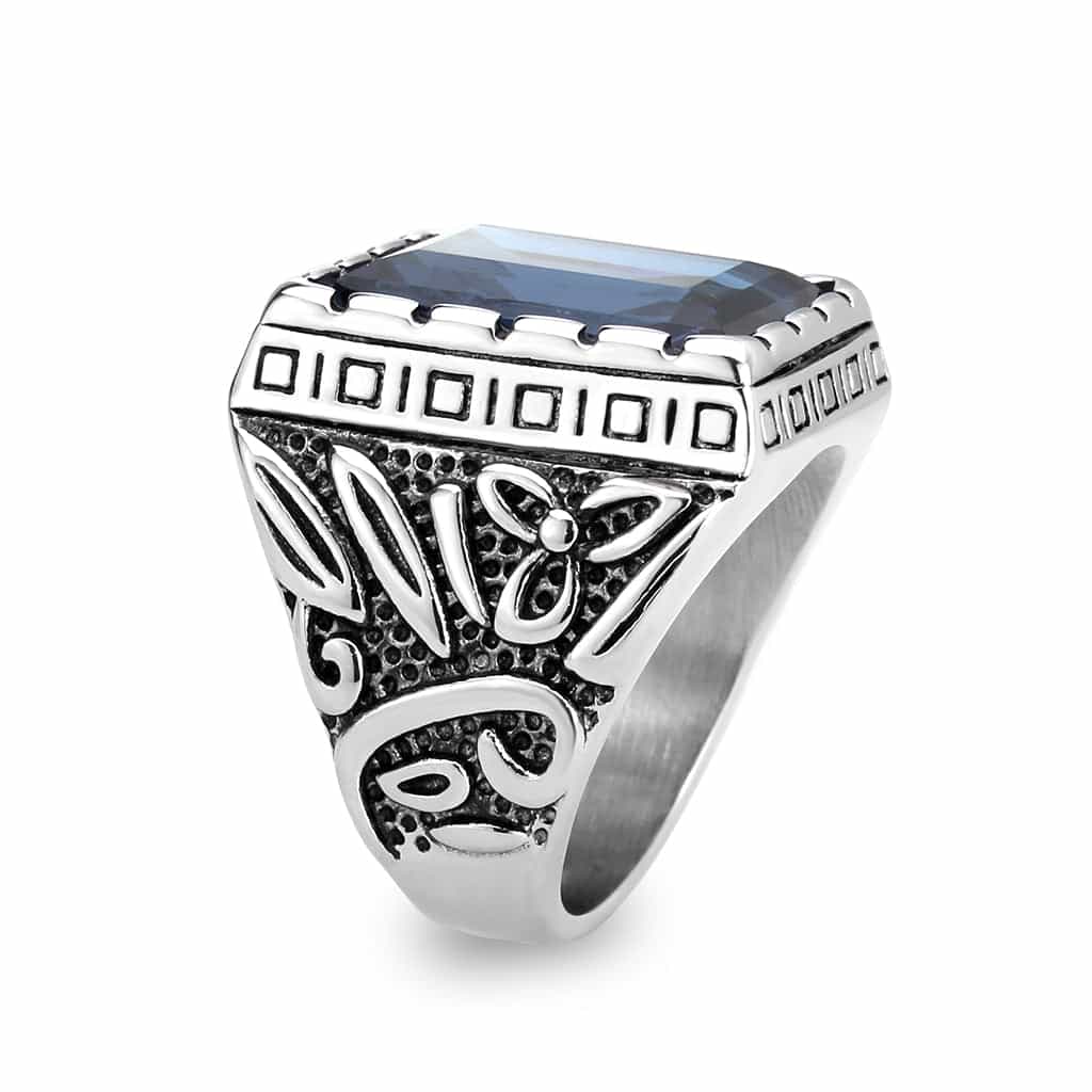 Stainless Steel Silver London Blue CZ Emerald Cut Greek Key Ring view 8