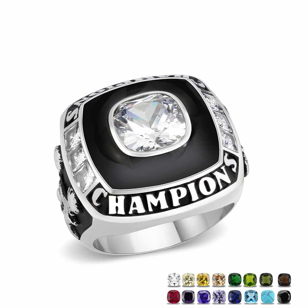 Stainless Steel Silver CZ Cushion Champions Class Mens Ring view 1