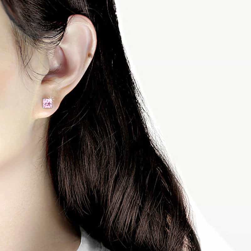 Stainless Steel Silver Pink CZ Princess Stud Earrings view 3