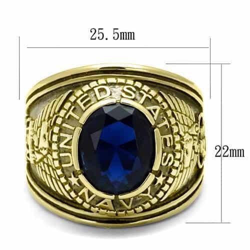 Stainless Steel Gold IP US Navy Blue CZ Military Signet Ring view 2