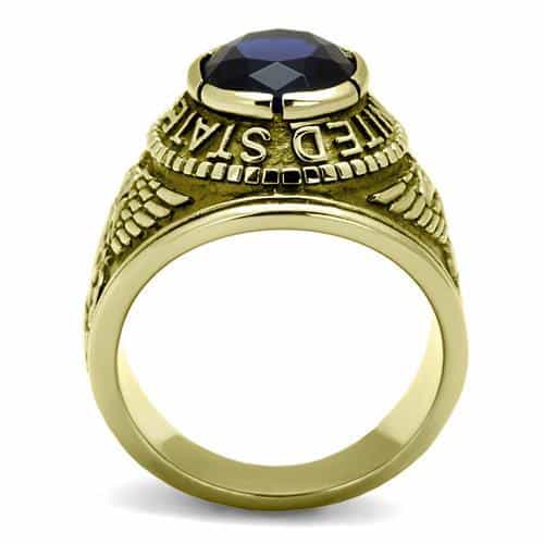Stainless Steel Gold IP US Navy Blue CZ Military Signet Ring view 4