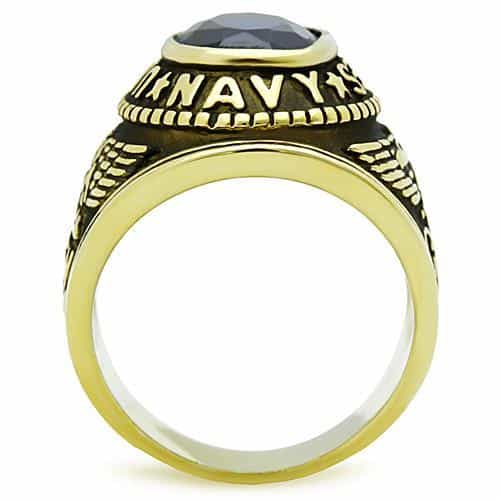 Stainless Steel Gold IP US Navy Blue CZ Military Signet Ring view 5