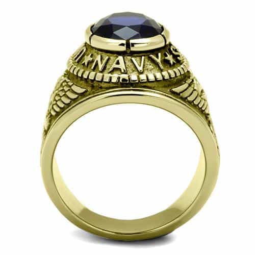 Stainless Steel Gold IP US Navy Blue CZ Military Signet Ring view 3