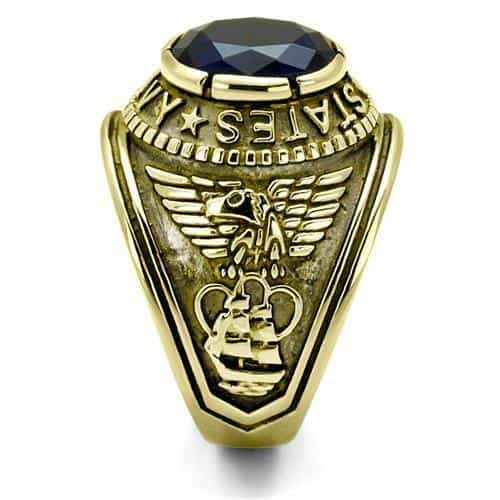 Stainless Steel Gold IP US Navy Blue CZ Military Signet Ring view 14