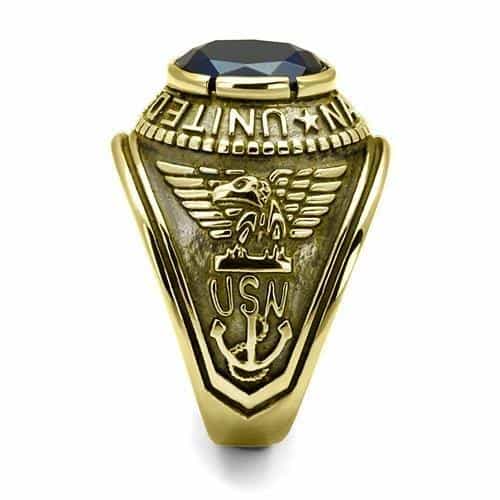 Stainless Steel Gold IP US Navy Blue CZ Military Signet Ring view 15