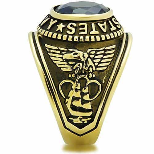 Stainless Steel Gold IP US Navy Blue CZ Military Signet Ring view 16