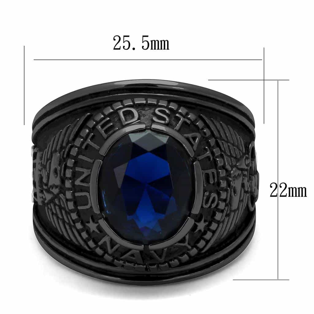 Stainless Steel Dark IP US Navy Blue CZ Military Signet Ring view 2