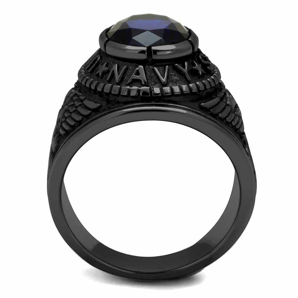 Stainless Steel Dark IP US Navy Blue CZ Military Signet Ring view 10