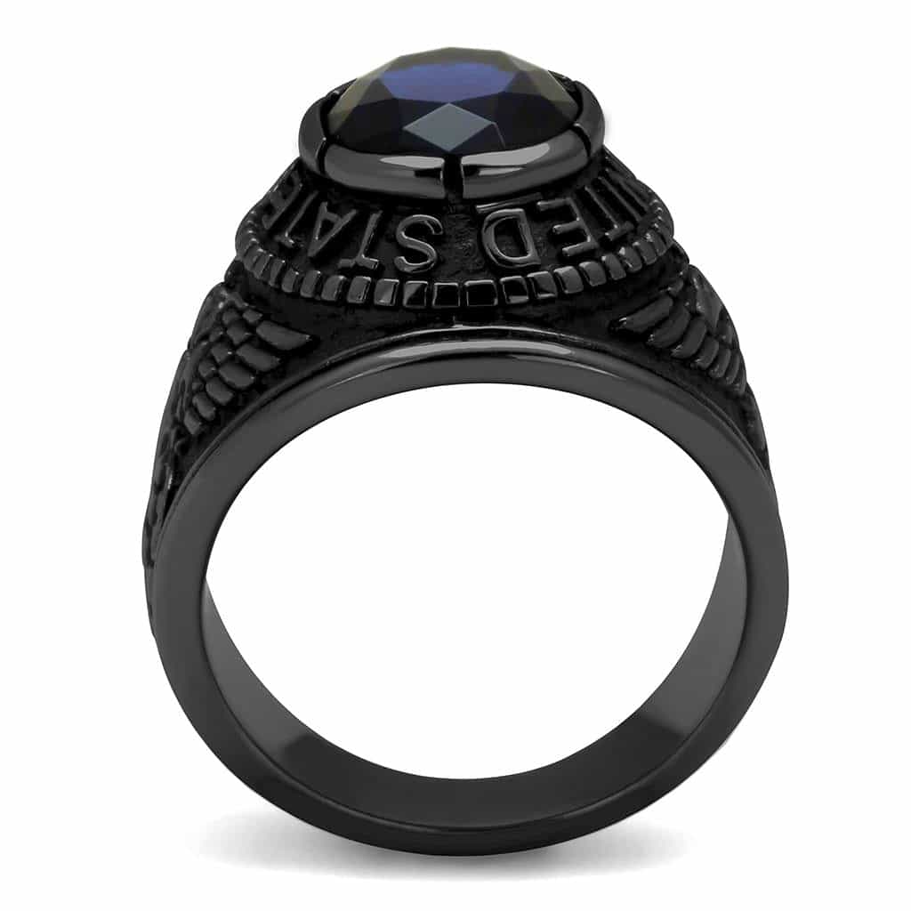 Stainless Steel Dark IP US Navy Blue CZ Military Signet Ring view 11