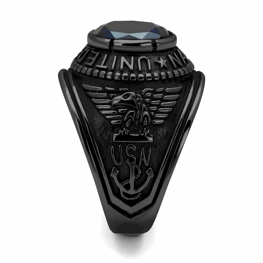 Stainless Steel Dark IP US Navy Blue CZ Military Signet Ring view 13