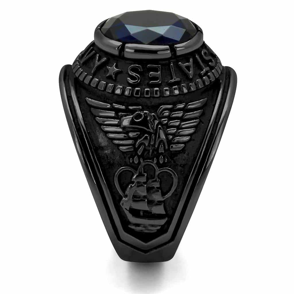 Stainless Steel Dark IP US Navy Blue CZ Military Signet Ring view 5