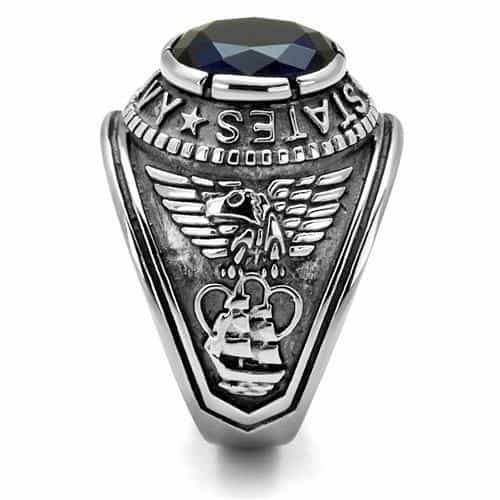 Stainless Steel US Navy Blue Sapphire CZ Military Signet Ring view 13
