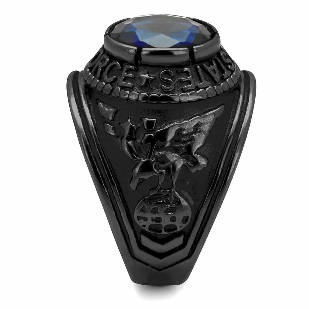 Stainless Steel Dark IP US Air Force Blue CZ Military Signet Ring view 12