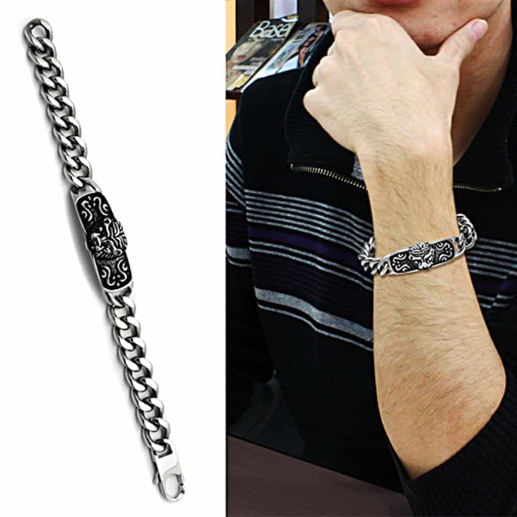 Stainless Steel Silver Lion Face Carved Cuban Link Mens Bracelet view 2