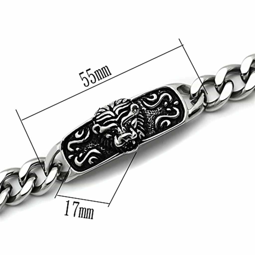 Stainless Steel Silver Lion Face Carved Cuban Link Mens Bracelet view 3