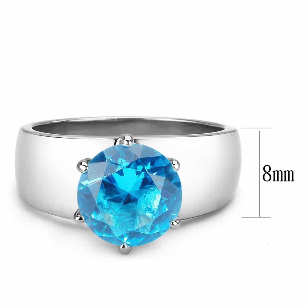 Stainless Steel Silver CZ Round Aqua Solitaire Wide Band Ring view 2