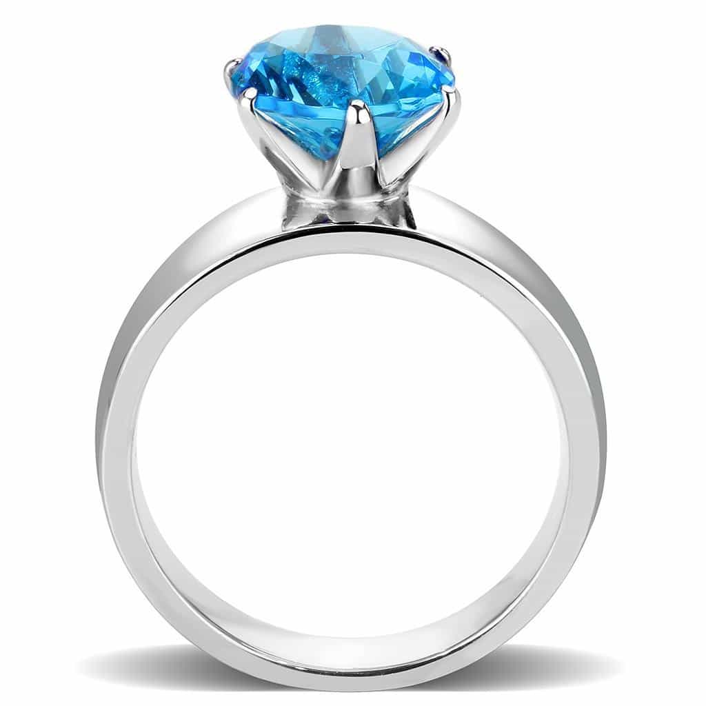 Stainless Steel Silver CZ Round Aqua Solitaire Wide Band Ring view 8