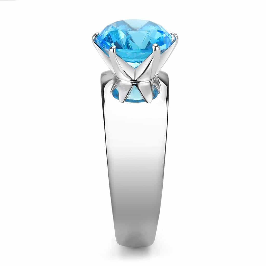 Stainless Steel Silver CZ Round Aqua Solitaire Wide Band Ring view 9