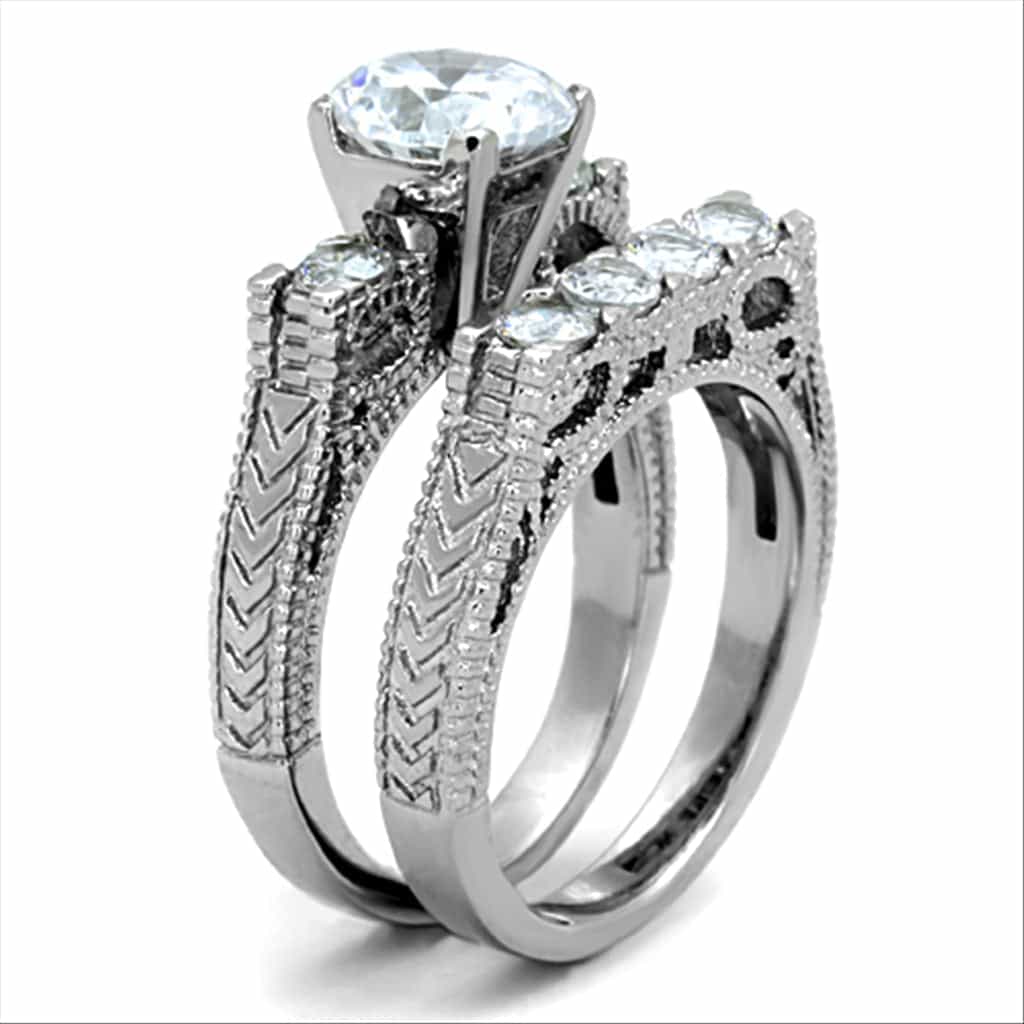 Stainless Steel Silver CZ Round Solitaire Three Ring Bridal Ring view 8