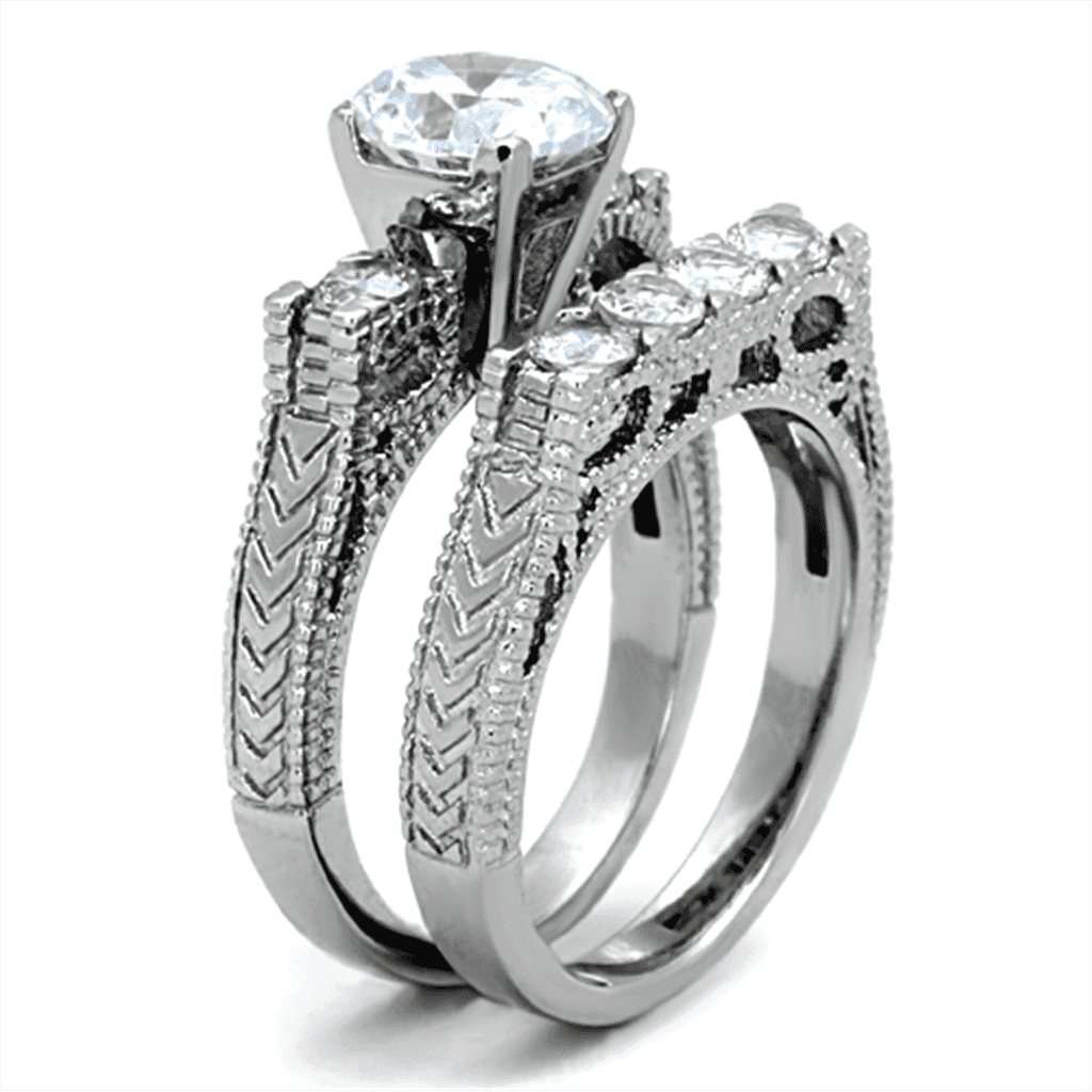 Stainless Steel Silver CZ Round Solitaire Three Ring Bridal Ring view 4