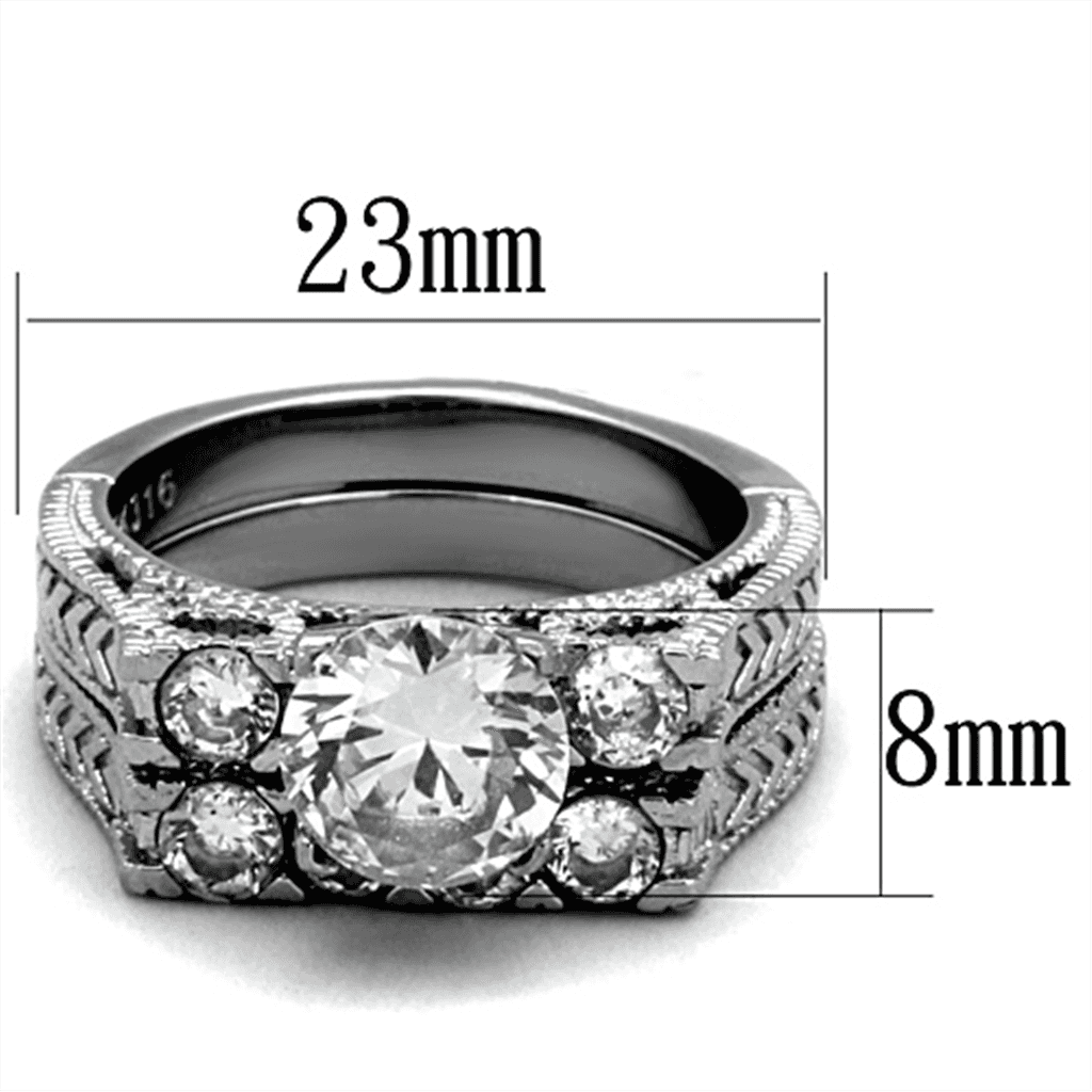 Stainless Steel Silver CZ Round Solitaire Three Ring Bridal Ring view 2