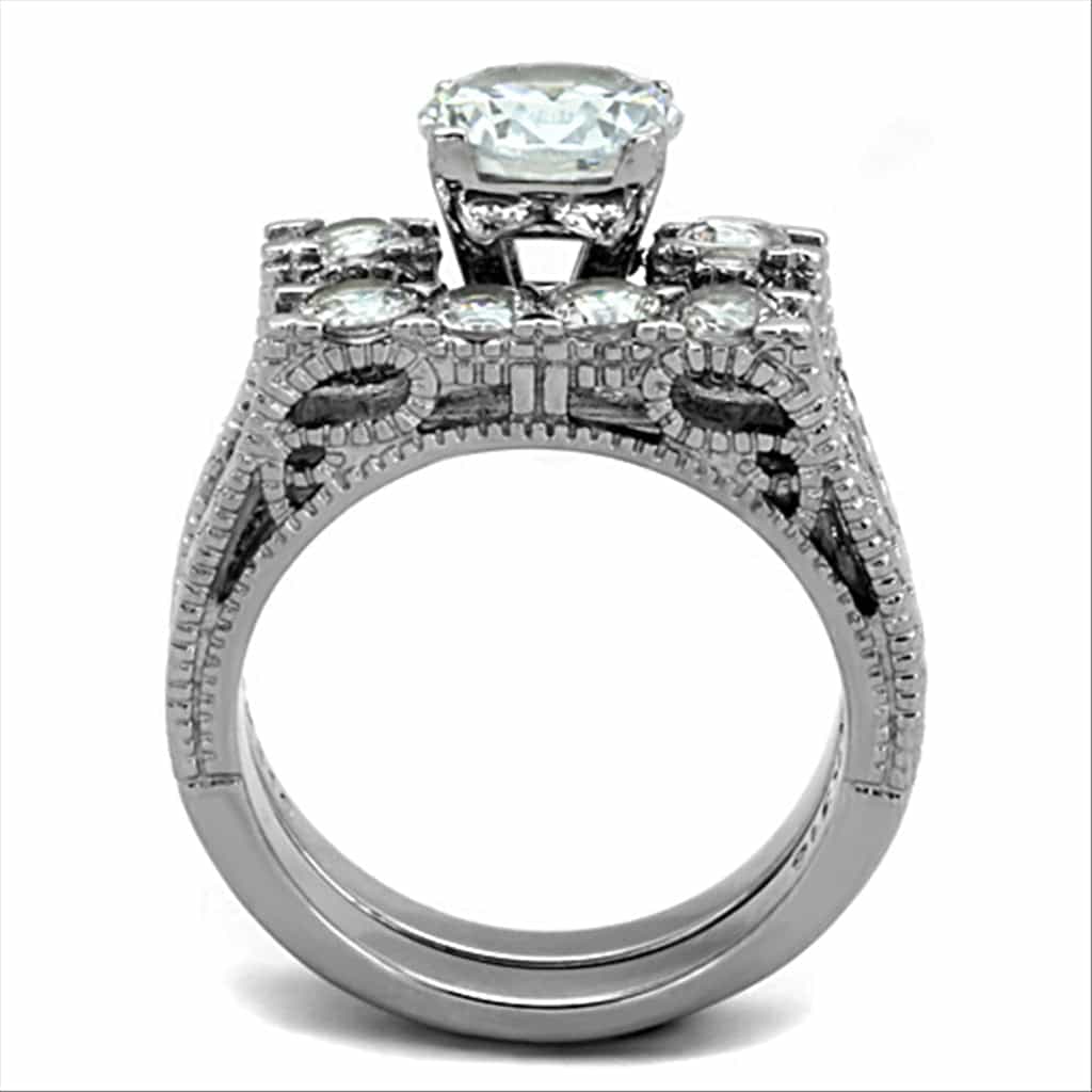 Stainless Steel Silver CZ Round Solitaire Three Ring Bridal Ring view 7