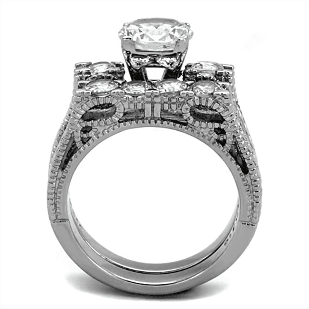 Stainless Steel Silver CZ Round Solitaire Three Ring Bridal Ring view 3