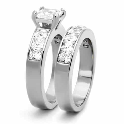Stainless Steel Silver CZ Princess Solitaire Channel Bridal Ring view 8