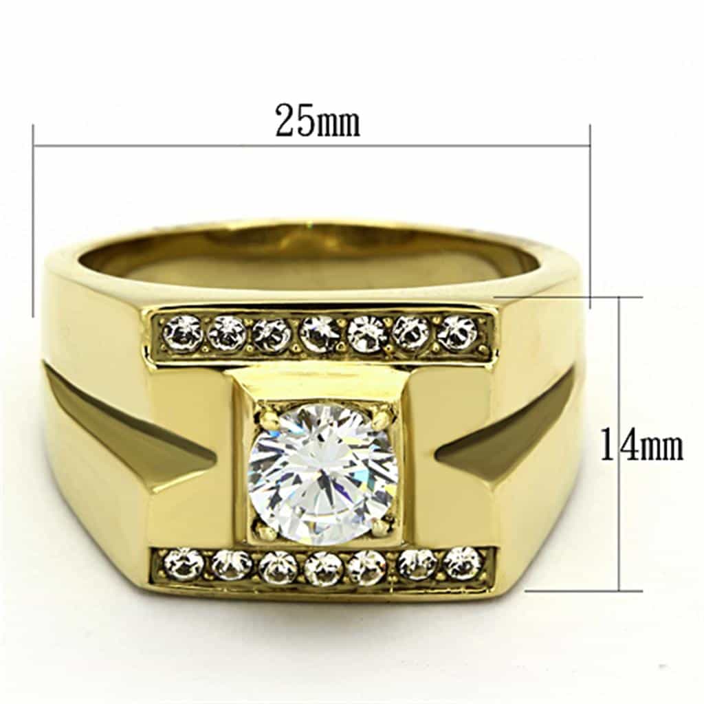 Stainless Steel Gold IP CZ Round Clear Square Channel Side Ring view 6