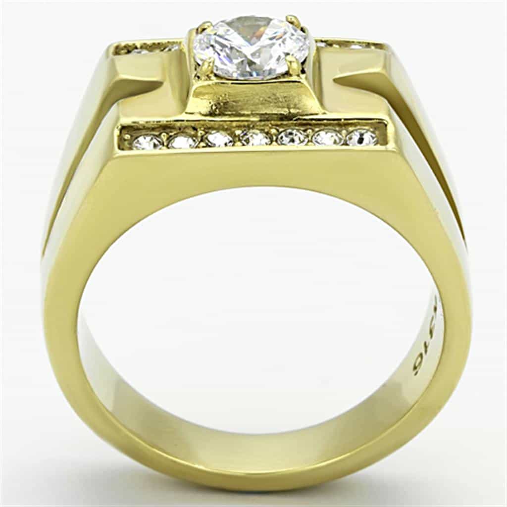 Stainless Steel Gold IP CZ Round Clear Square Channel Side Ring view 7
