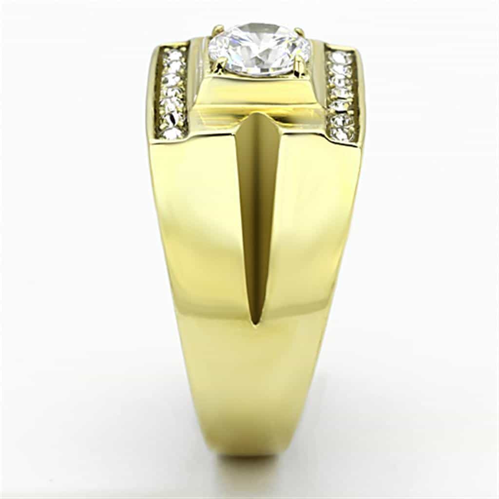 Stainless Steel Gold IP CZ Round Clear Square Channel Side Ring view 8