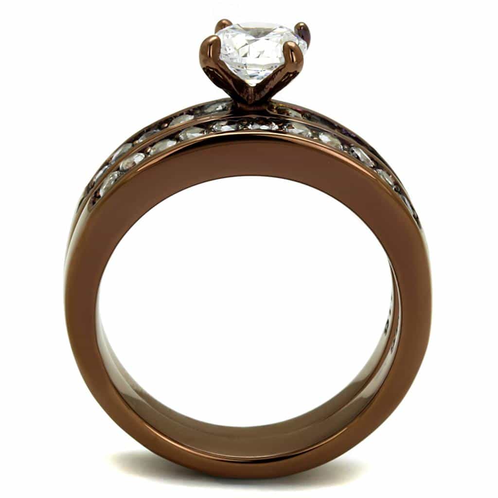 Stainless Steel Coffee IP CZ Round Solitaire Channel Bridal Ring view 3