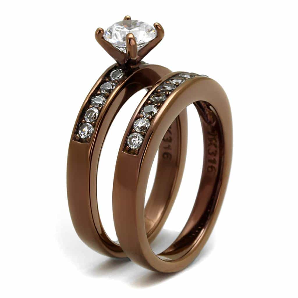 Stainless Steel Coffee IP CZ Round Solitaire Channel Bridal Ring view 9