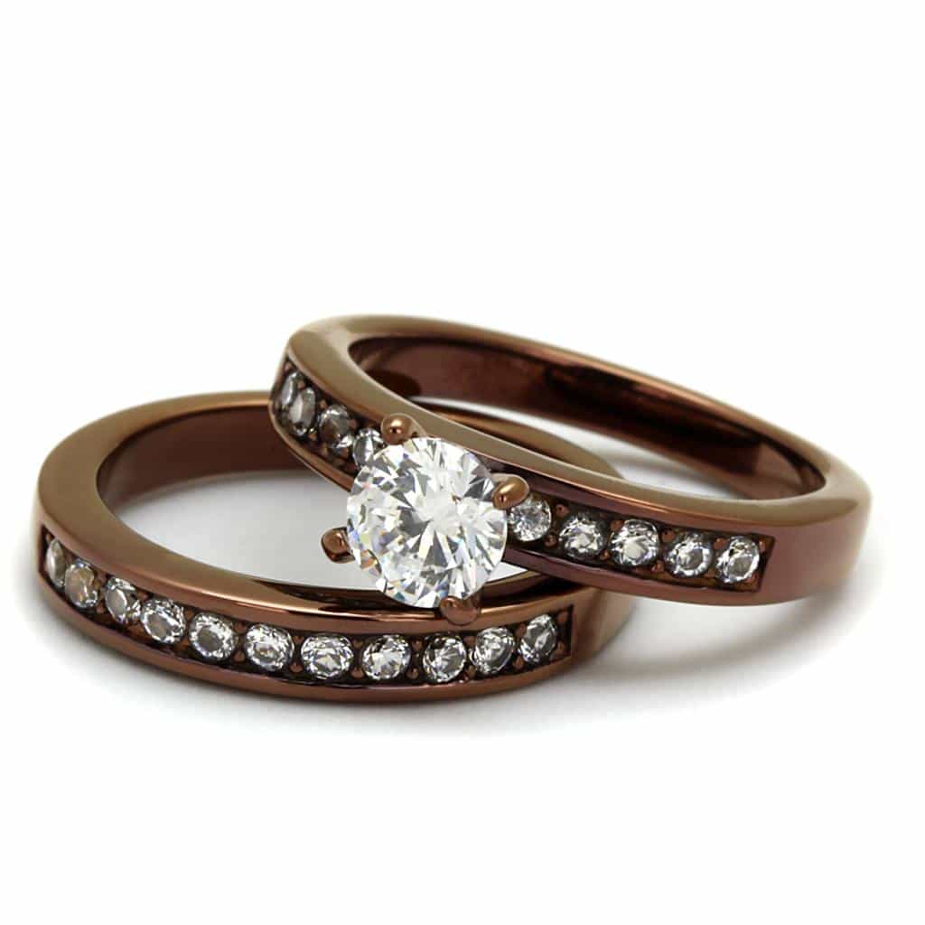 Stainless Steel Coffee IP CZ Round Solitaire Channel Bridal Ring view 10