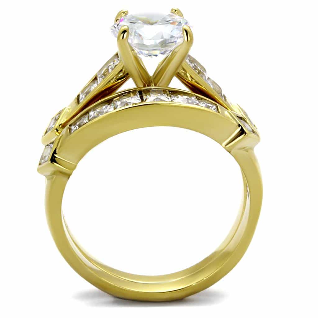 Stainless Steel Gold IP CZ Round Large Solitaire Princess Ring view 3