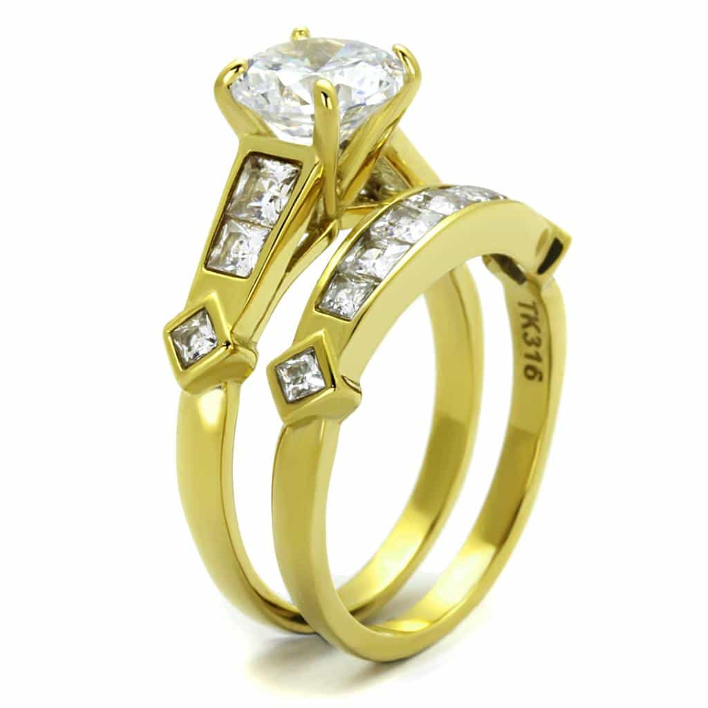 Stainless Steel Gold IP CZ Round Large Solitaire Princess Ring view 8