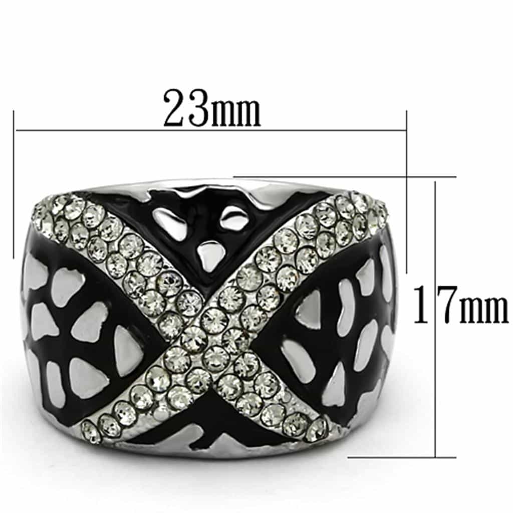 Stainless Steel Silver Black Enamel CZ Pave X Crossover Dome Ring view 6