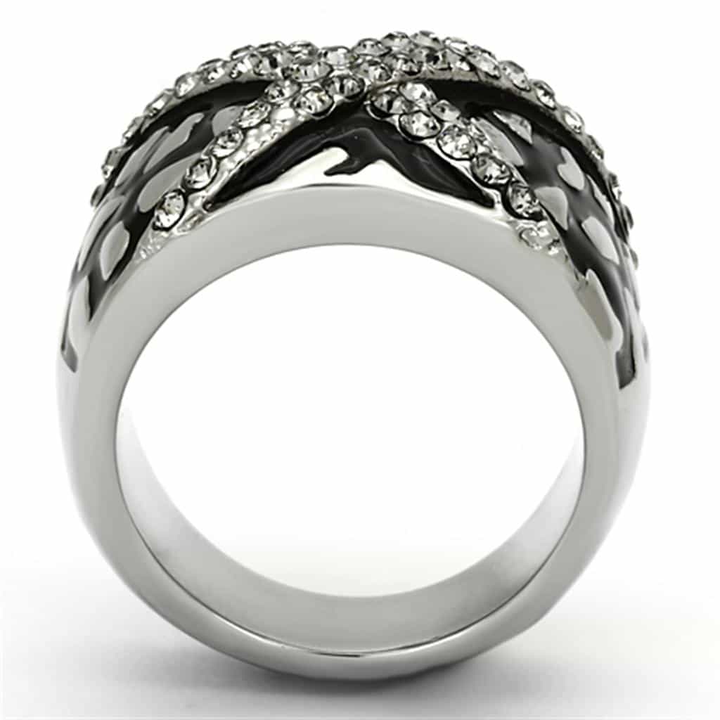 Stainless Steel Silver Black Enamel CZ Pave X Crossover Dome Ring view 7