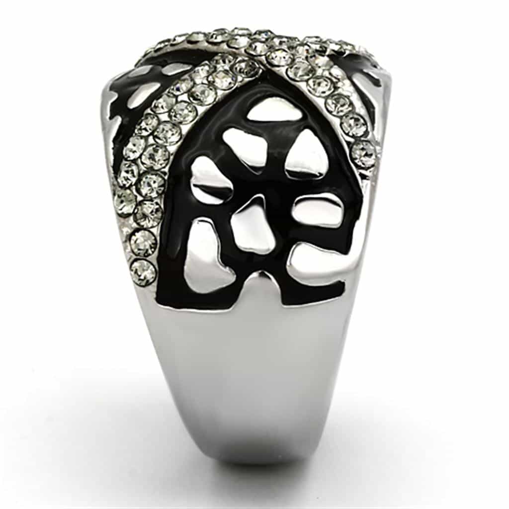 Stainless Steel Silver Black Enamel CZ Pave X Crossover Dome Ring view 8