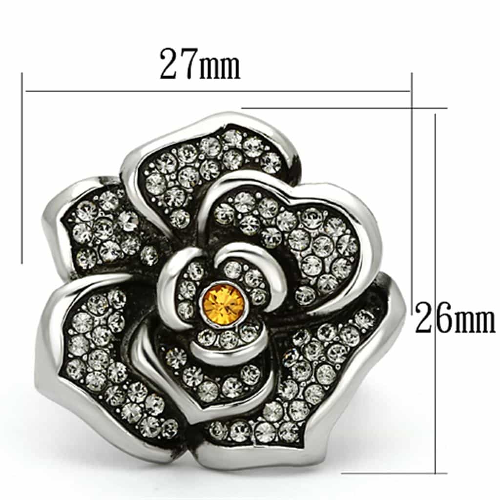 Stainless Steel Silver Crystal Pave Rose Flower Amber Center Ring view 6