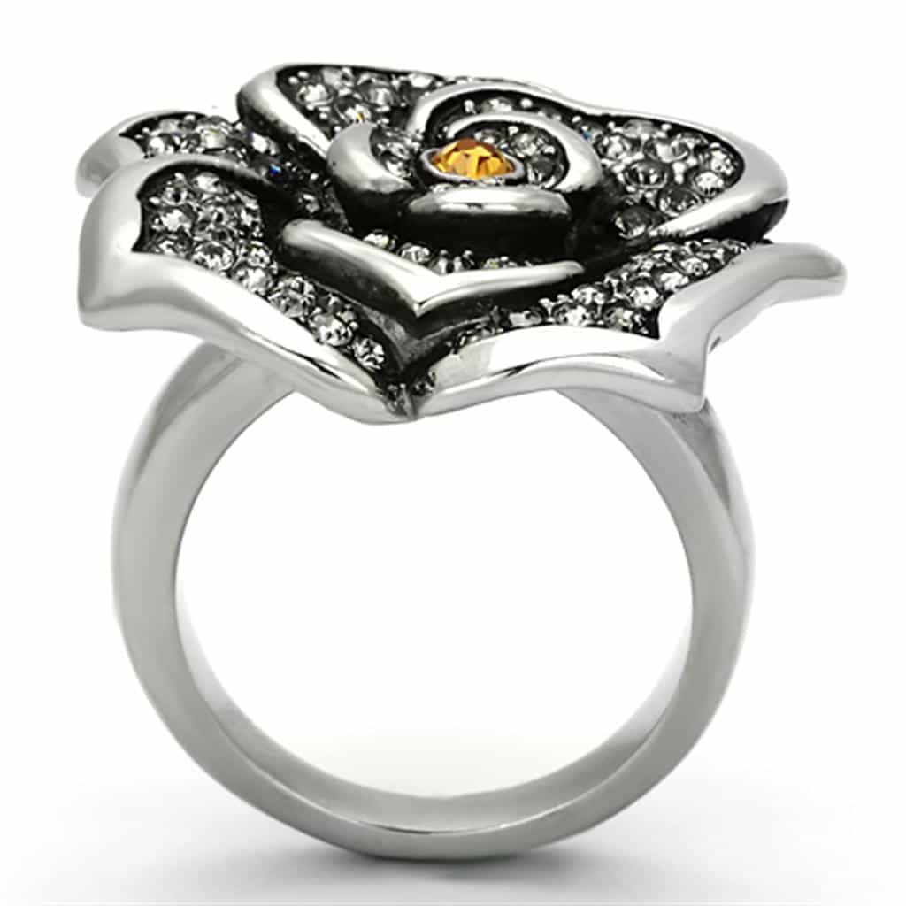Stainless Steel Silver Crystal Pave Rose Flower Amber Center Ring view 7