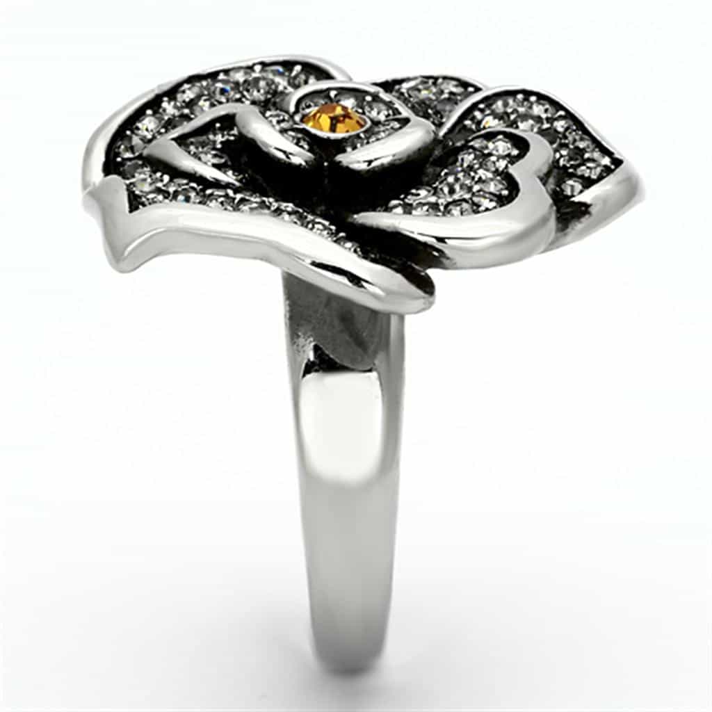 Stainless Steel Silver Crystal Pave Rose Flower Amber Center Ring view 8