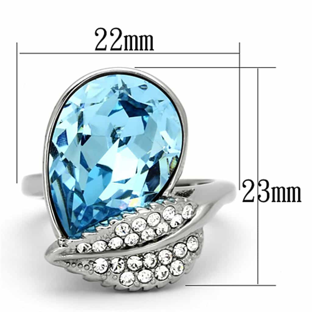 Stainless Steel Silver CZ Large Round Aqua Crystal Leaf Ring view 6