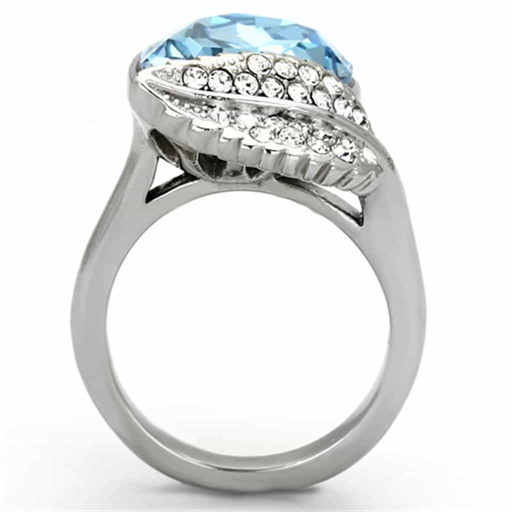 Stainless Steel Silver CZ Large Round Aqua Crystal Leaf Ring view 3