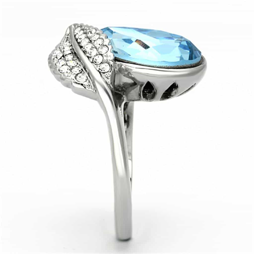 Stainless Steel Silver CZ Large Round Aqua Crystal Leaf Ring view 8