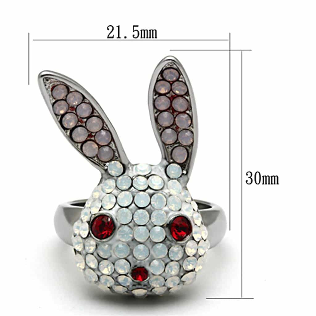 Stainless Steel Silver Crystal Pave Bunny Rabbit Red Eyes Ring view 2