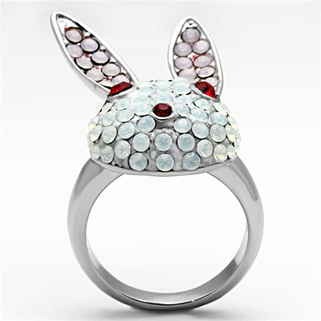 Stainless Steel Silver Crystal Pave Bunny Rabbit Red Eyes Ring view 7